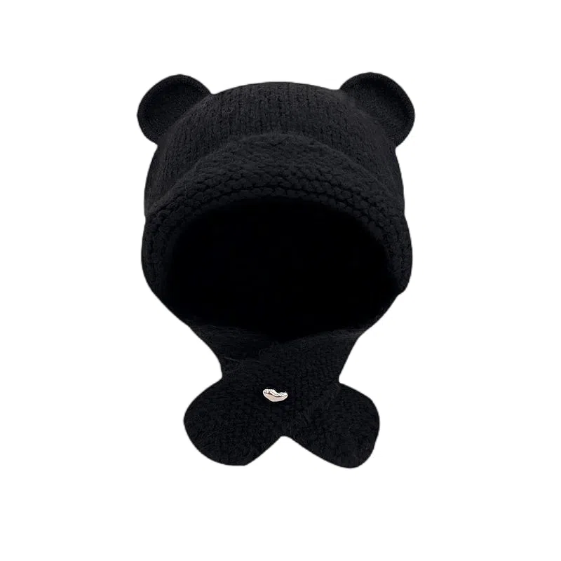 啄木鸟 甜美可爱小熊耳朵秋冬季大头围显脸小加厚保暖针织户骑车护耳帽 涤纶 绒线帽 女款