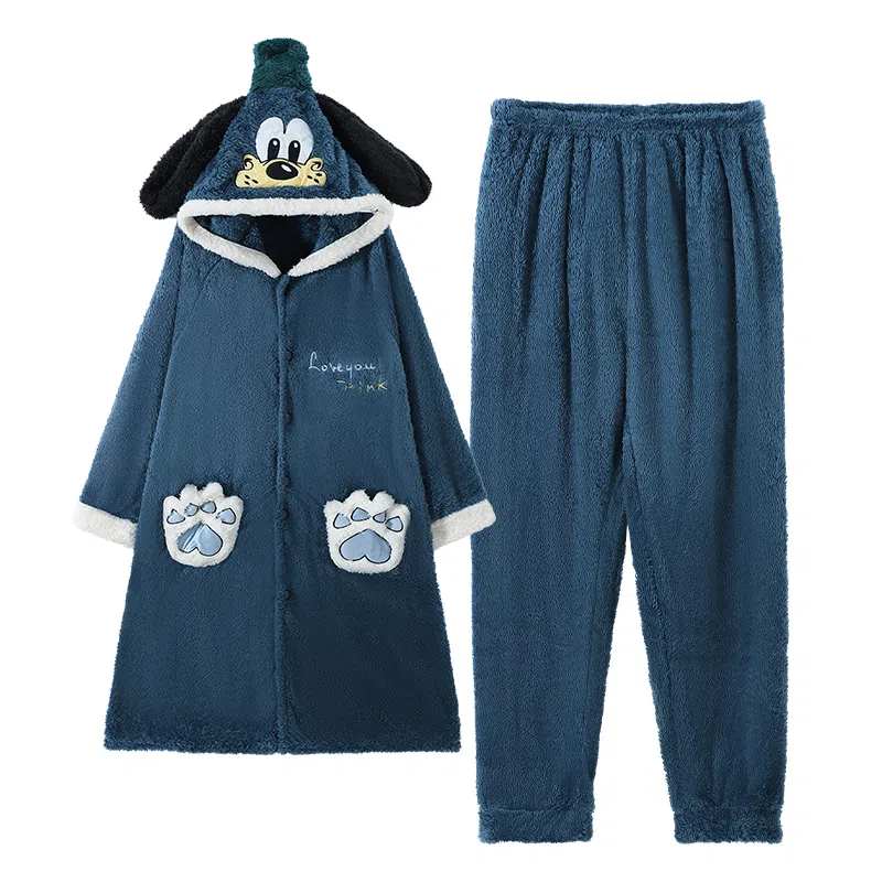 俏霓桐 简约时尚卡通亲肤舒适连帽长袖睡袍保暖蓄温可外穿长裤睡衣套装 男款 蓝灰色