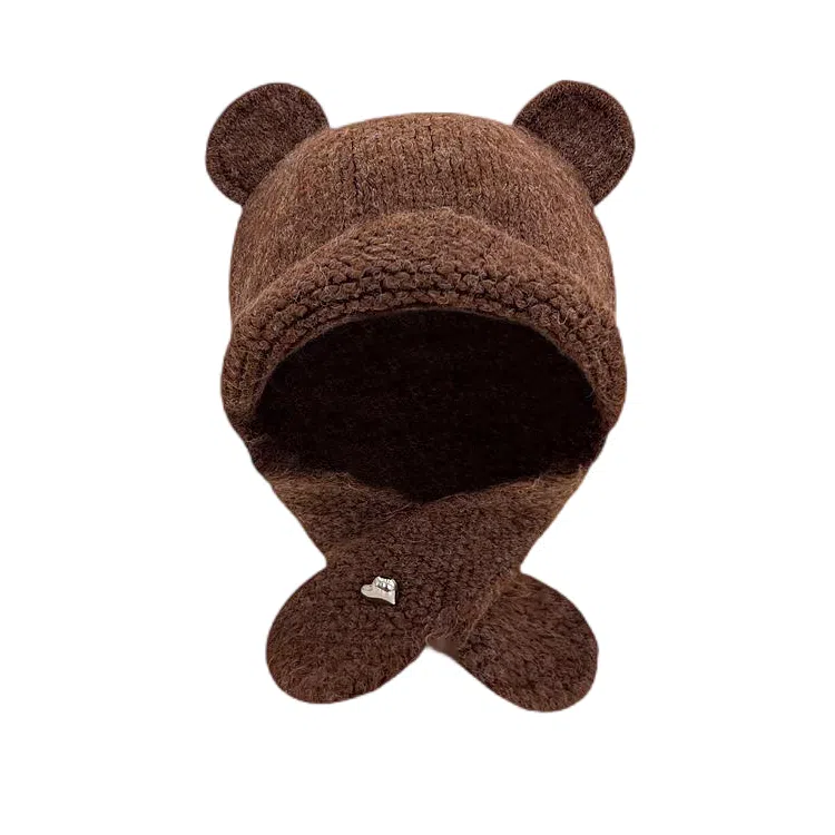 啄木鸟 甜美可爱小熊耳朵秋冬季大头围显脸小加厚保暖针织户骑车护耳帽 涤纶 绒线帽 女款