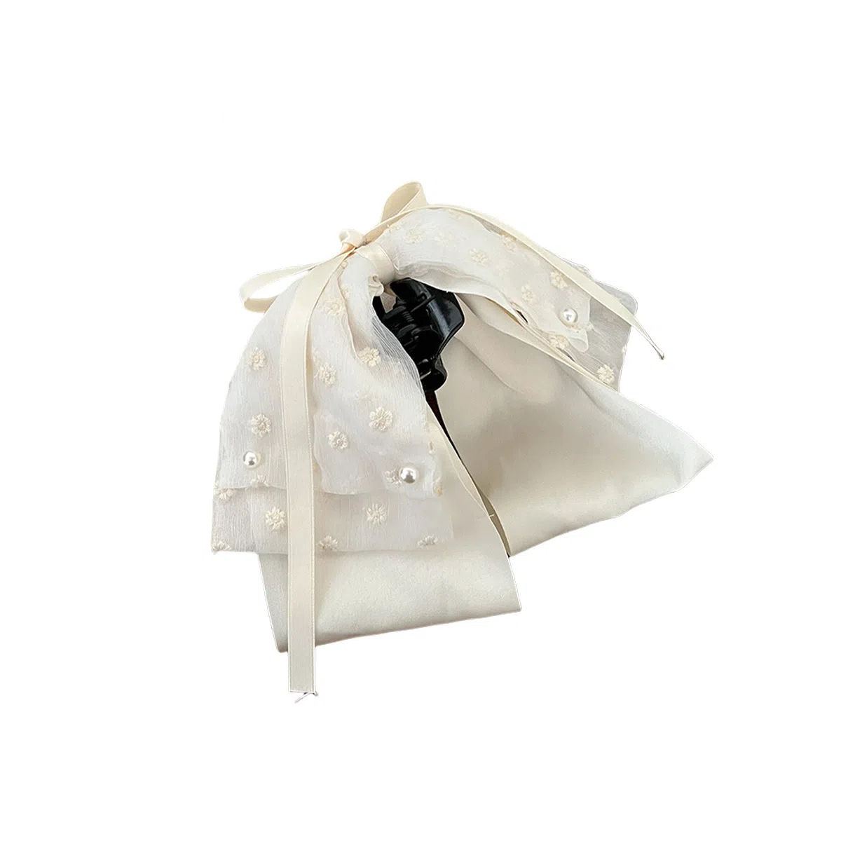 贯古今 高级感缎面蝴蝶结花朵抓夹高马尾黑色飘带发卡后脑勺顶夹发饰 亚克力 发夹 女款