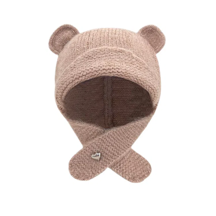 啄木鸟 甜美可爱小熊耳朵秋冬季大头围显脸小加厚保暖针织户骑车护耳帽 涤纶 绒线帽 女款