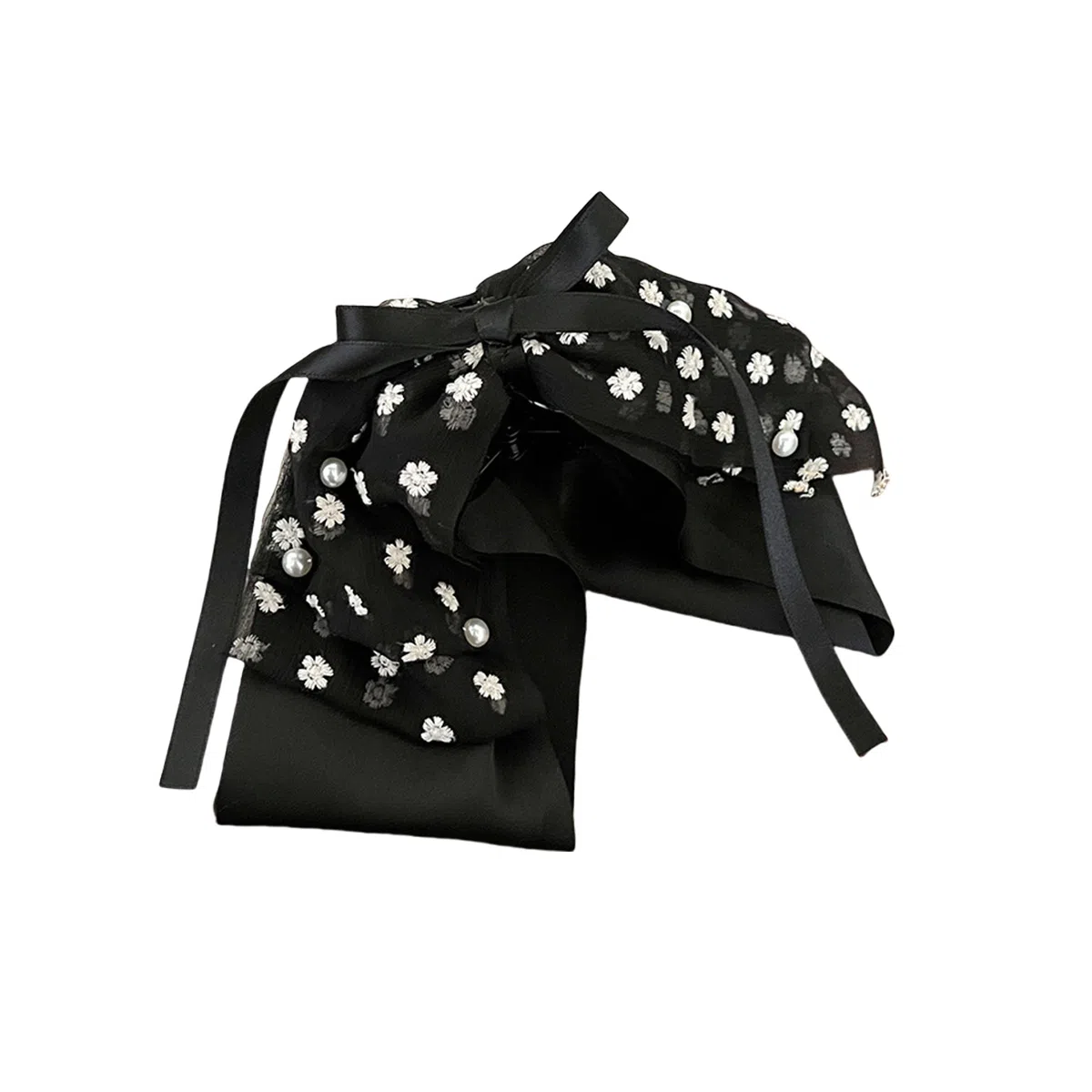 贯古今 高级感缎面蝴蝶结花朵抓夹高马尾黑色飘带发卡后脑勺顶夹发饰 亚克力 发夹 女款