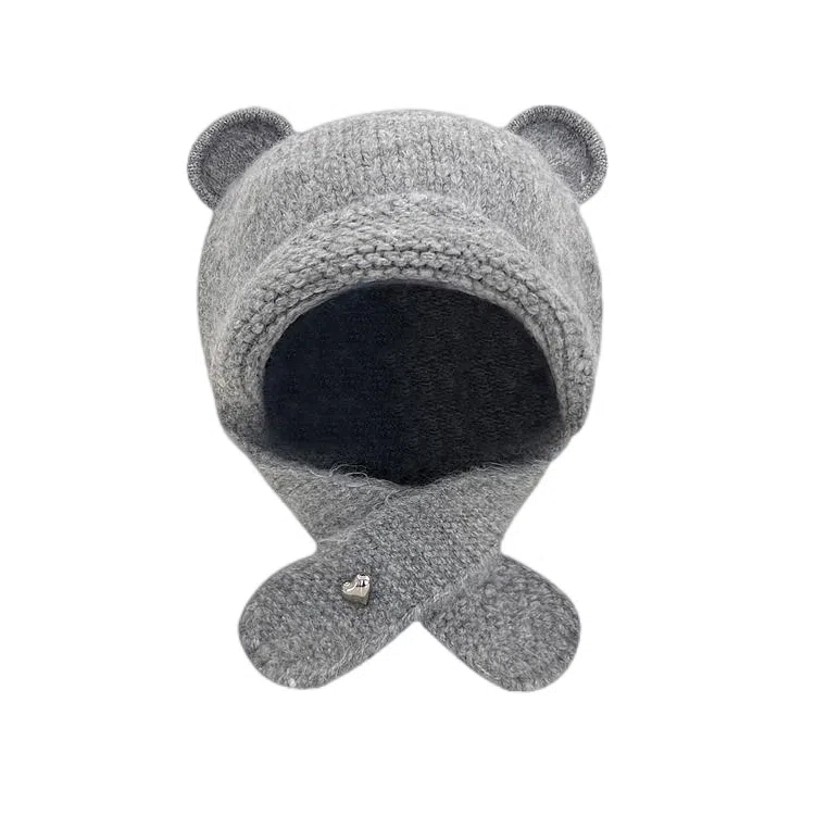 啄木鸟 甜美可爱小熊耳朵秋冬季大头围显脸小加厚保暖针织户骑车护耳帽 涤纶 绒线帽 女款