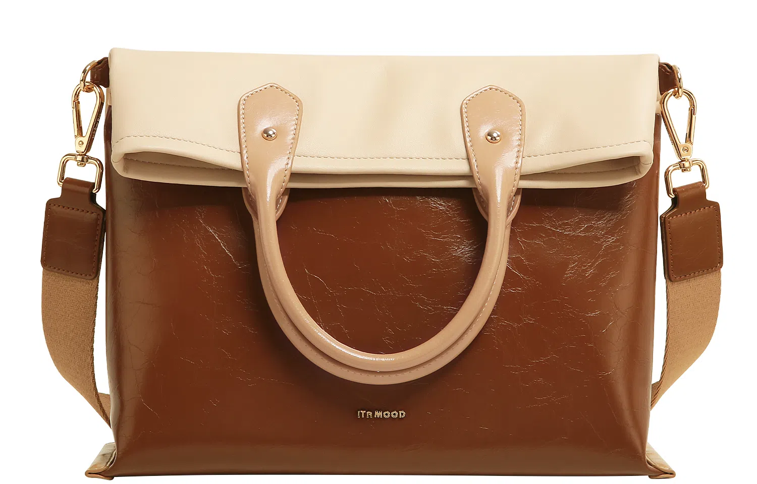 妙迪 高级感拼接撞色大容量时尚百搭简约通勤 柔软牛皮 一包三用 托特包手提单肩斜挎包 常规 女款 拿铁千层雪