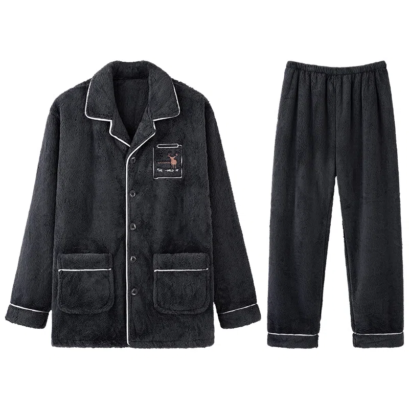 兰缪 保暖加厚舒适长袖长裤家居睡衣套装 男款 深灰色