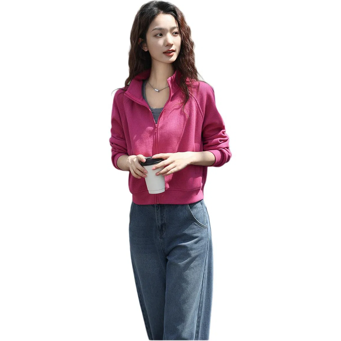 【dme】 休闲立领拉链插肩长袖夹克外套 女款 玫粉色