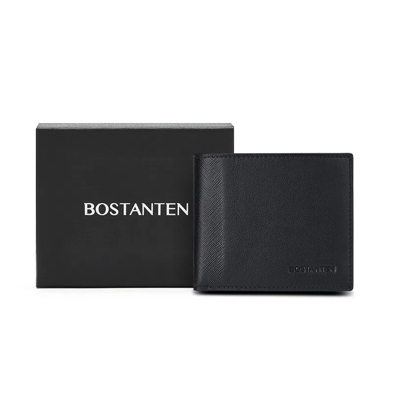 波斯丹顿 休闲简约高级质感短款商务时尚百搭 牛皮革 钱包 男款 黑色