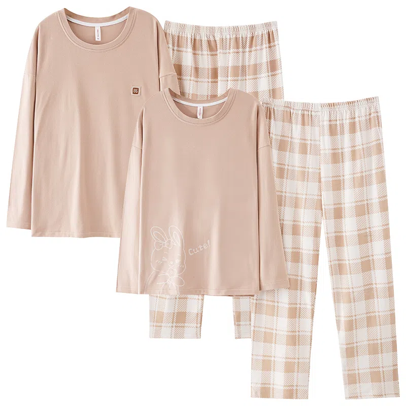 莫代尔 圆领纯色长袖格子长裤可外穿睡衣套装 男女同款 巧克力色