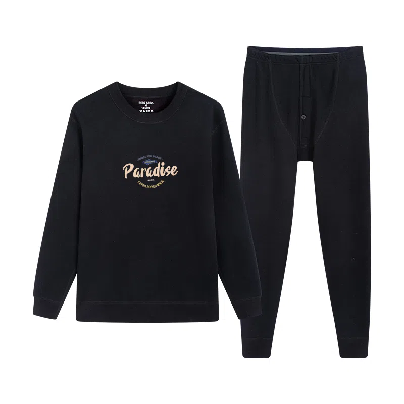 贴身领域 圆领可外穿加厚加绒印花冬季青年内衣保暖套装 男款