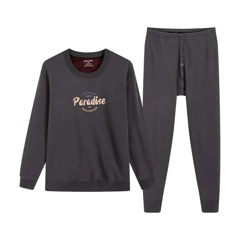 贴身领域 圆领可外穿加厚加绒印花冬季青年内衣保暖套装 男款