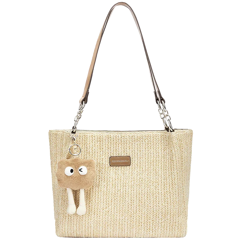 红蜻蜓 高颜值小众时尚 织物拼合成革 单肩包托特包 女款 奶杏色