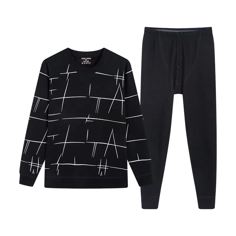 贴身领域 圆领可外穿加厚加绒印花冬季青年内衣保暖套装 男款