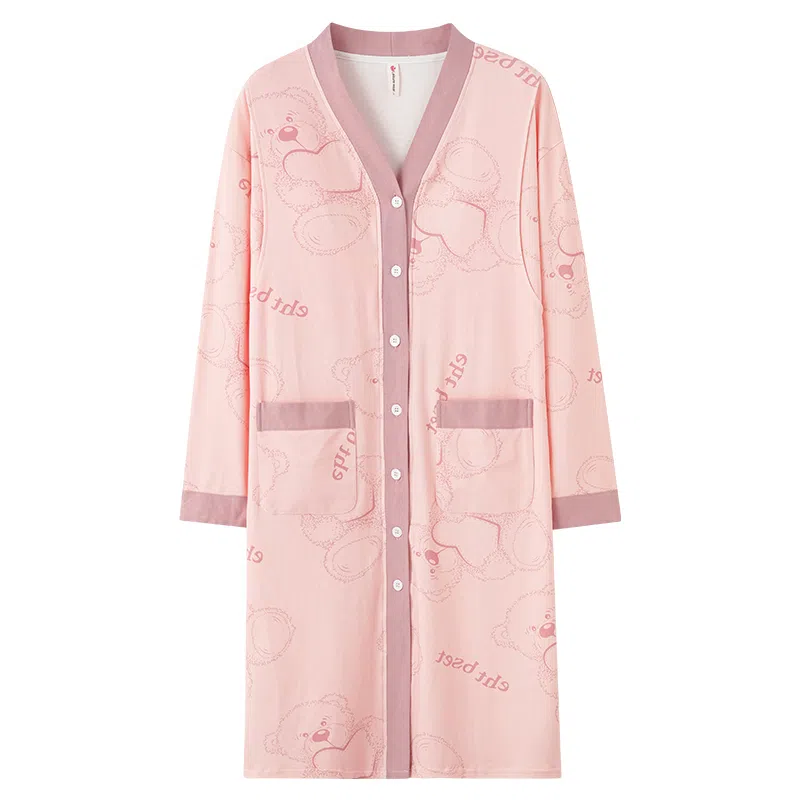 莫代尔 柔软舒适亲肤透气可调节裤腰可外穿长袖睡衣套装 女款 桃色