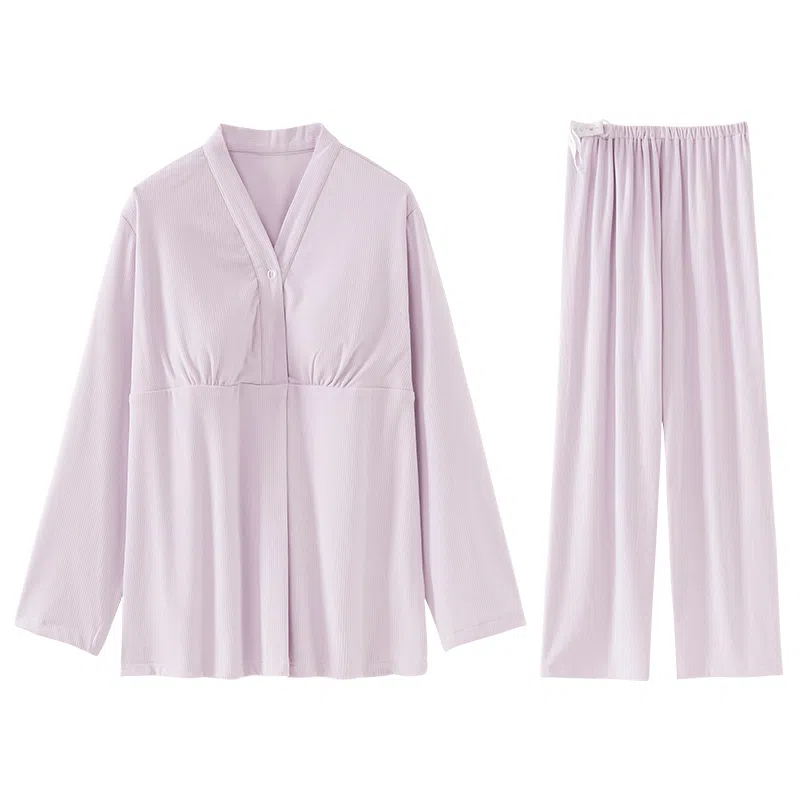兰缪 德绒保暖带胸垫休闲月子服家居服睡衣套装 女款 浅紫色