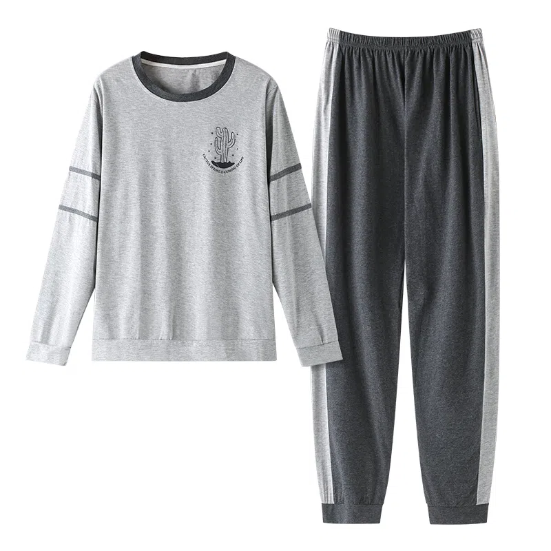 莫代尔 经典简约时尚气质保暖轻柔亲肤舒适圆领有口袋长袖长裤时尚宿舍可穿睡衣套装 男款 灰色