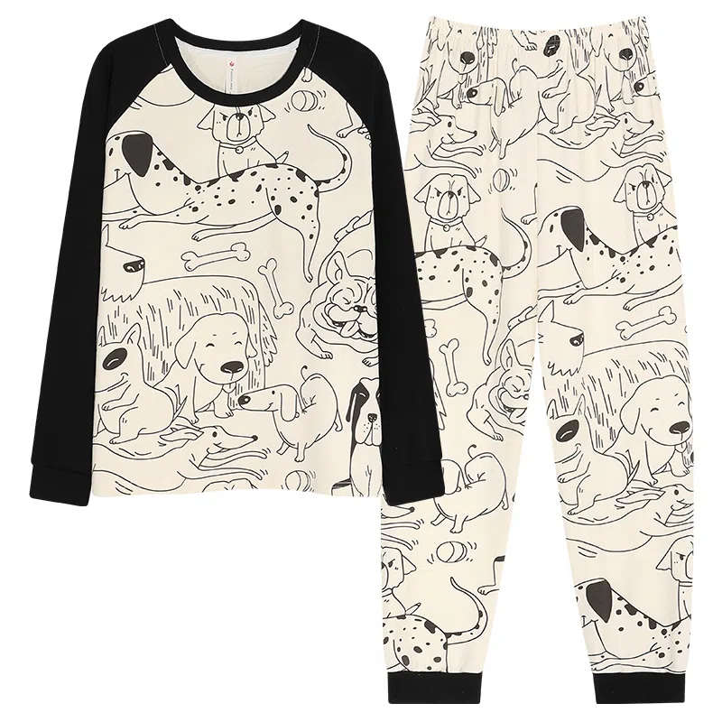 莫代尔 可外穿亲肤长袖长裤气质透气舒适轻盈睡衣套装 女款 米白色