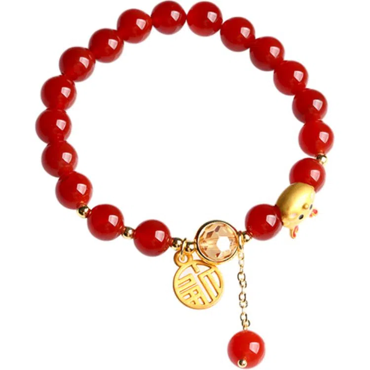 欧说珠宝 新中式大气本命年招财纳福佛珠一鹿有你小鹿福牌挂件圆珠 玛瑙 手串 男女同款情侣款