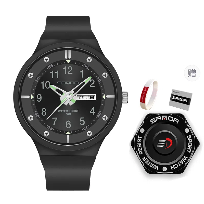 三达学生简约休闲潮流手表双历夜光防水石英机芯黑色表盘男表国表