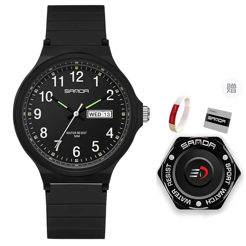 三达国表双日历电子石英机芯表户外防水简约男女学生情侣腕表男女同款 黑色表盘