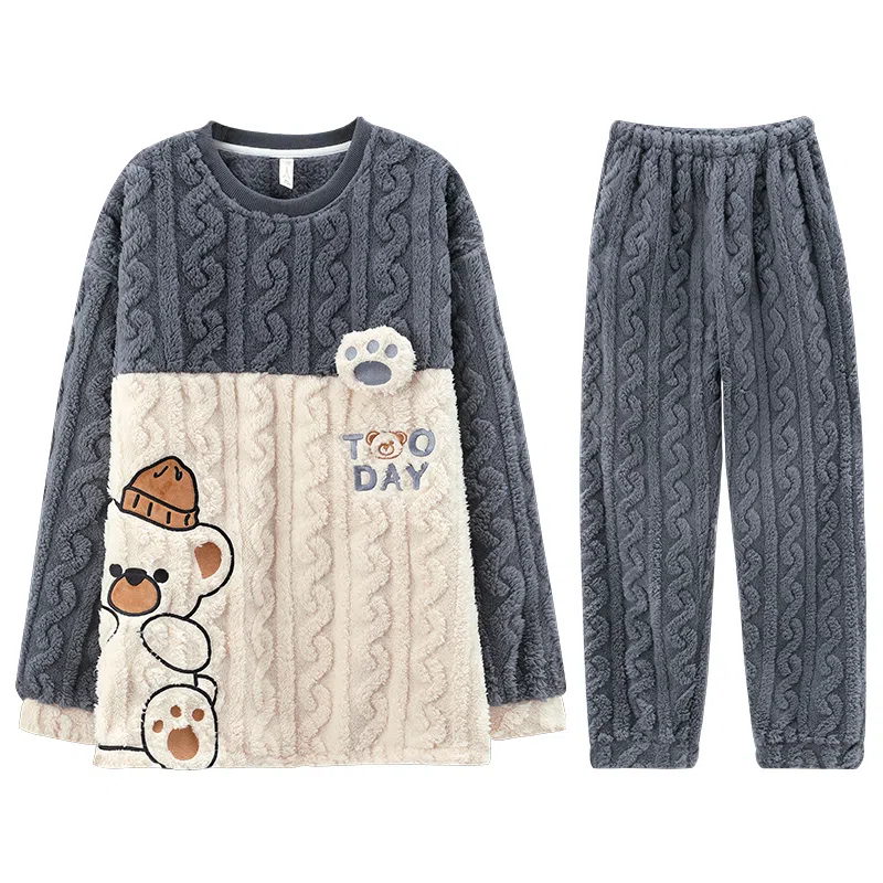 兰缪 新婚喜庆珊瑚绒加绒加厚本命年保暖长袖长裤睡衣套装 男款 红色