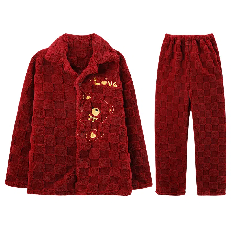 兰缪 新婚喜庆珊瑚绒加绒加厚本命年保暖长袖长裤睡衣套装 男款 红色