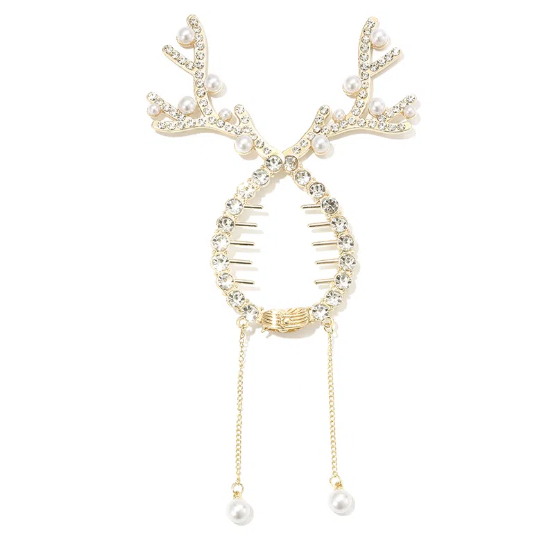 如花梦 甜美轻奢满钻流苏圣诞节鹿角发扣 日常盘发扎丸子头固定神器 后脑勺马尾扣发饰 女款