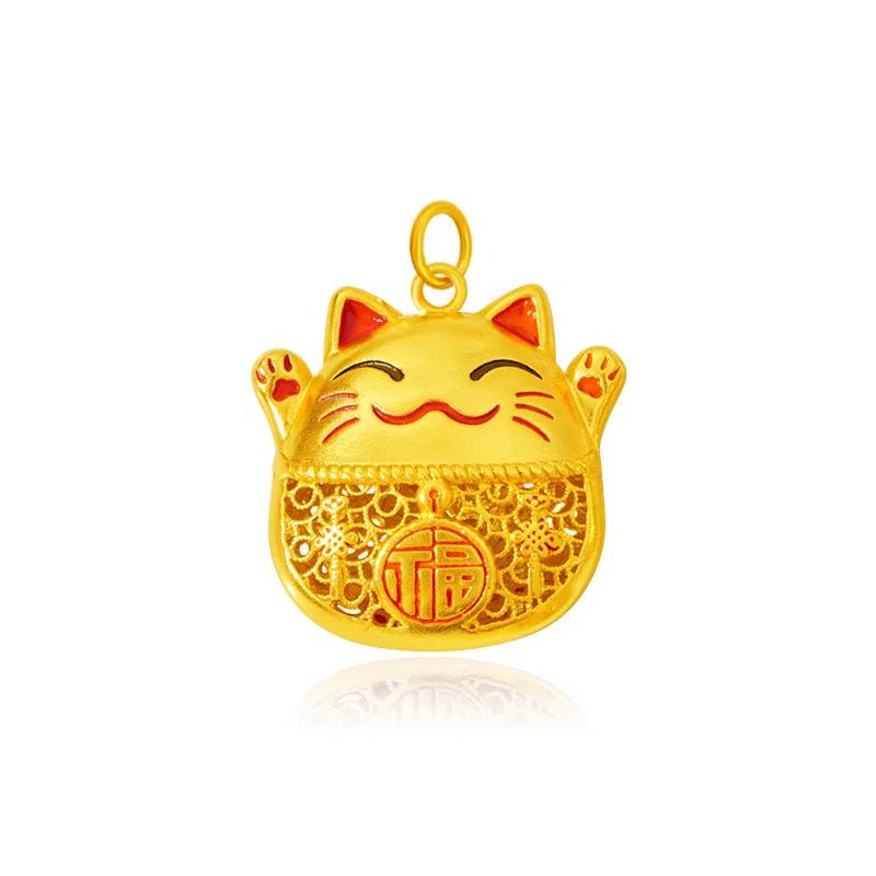 谧月珠宝 五福临门 新中式国潮小众轻奢精致简约高级感转运时尚创意设计 镂空可爱招财猫百搭 合金 吊坠 男女同款情侣款