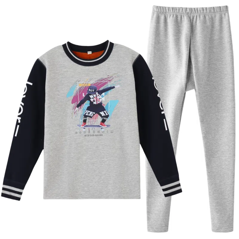 兰缪 青少年加绒加厚个性涂鸦圆领套头抗寒蓄热锁温不易褪色防刮耐磨不起球透气舒适保暖套装 男款