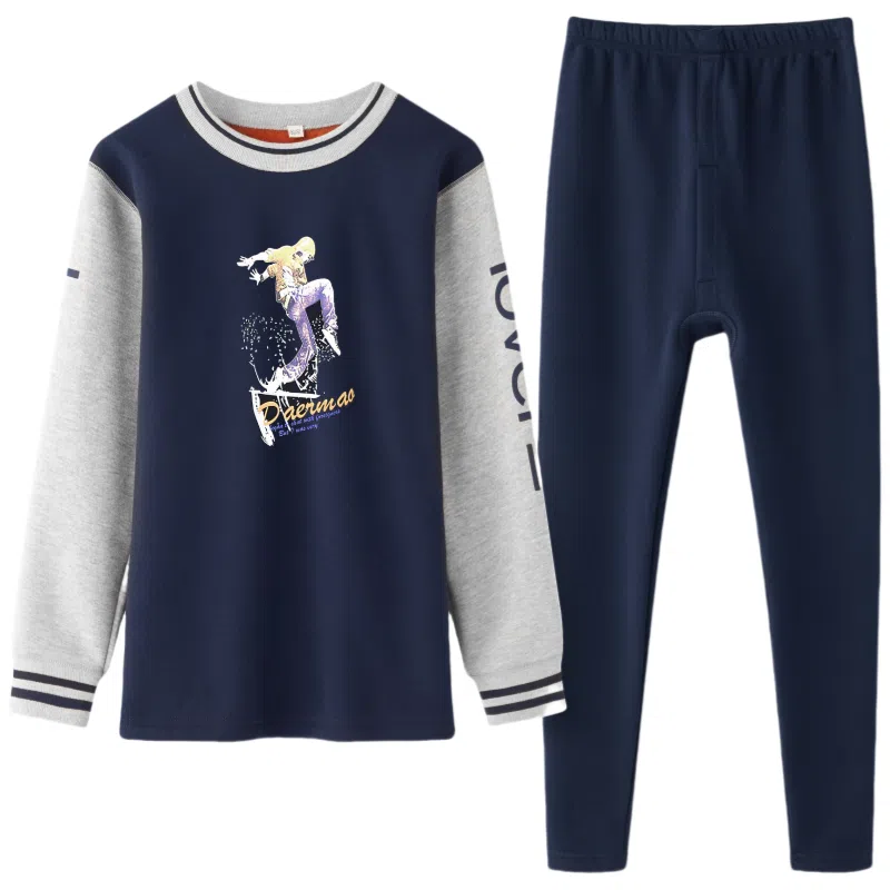 兰缪 青少年加绒加厚个性涂鸦设计圆领套头不易褪色防刮耐磨不起球抗寒蓄热锁温透气舒适保暖套装 男款