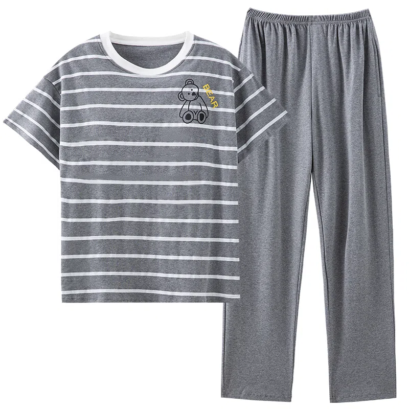 梦特娇 简约带胸垫卡通条纹舒适亲肤圆领短袖上衣休闲可外穿长裤睡衣套装 女款 深灰色