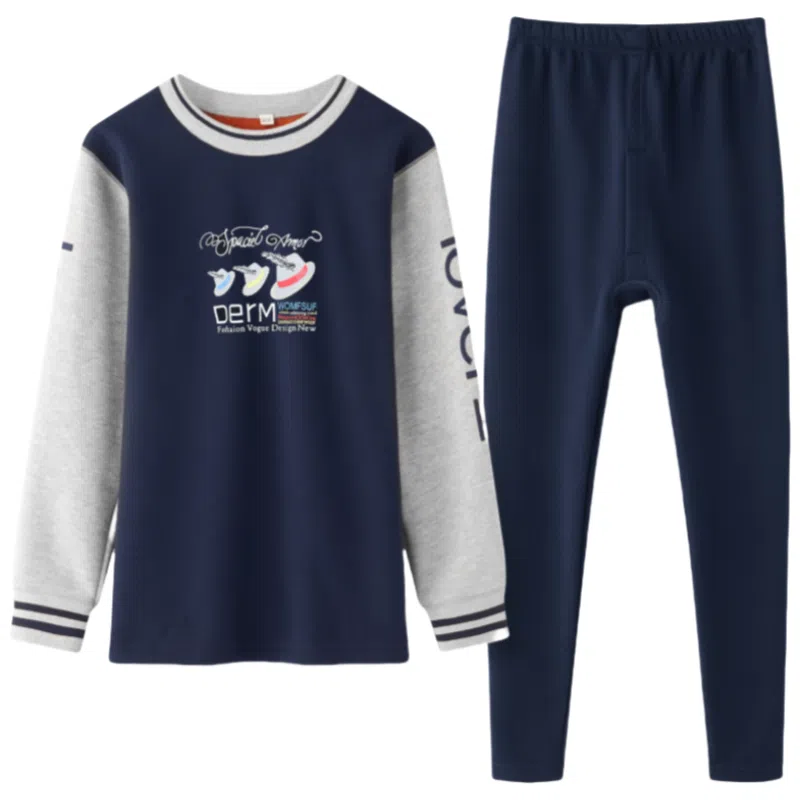 兰缪 青少年加绒加厚个性涂鸦设计圆领套头不易褪色防刮耐磨不起球抗寒蓄热锁温透气舒适保暖套装 男款