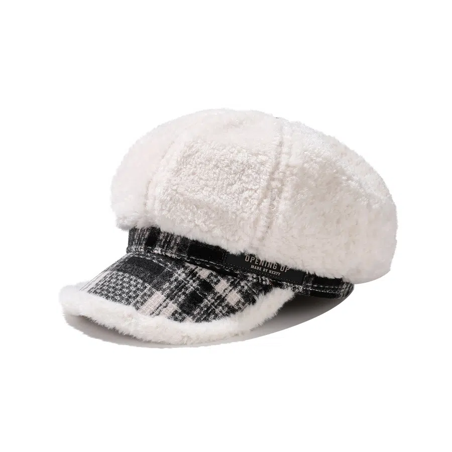 啄木鸟 韩国气质毛绒八角帽韩国秋冬保暖大头适合显脸小报童帽 羊羔毛 贝雷帽 女款