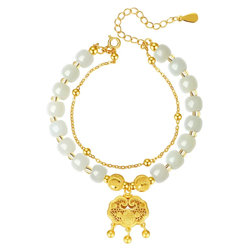 芷悦 吉祥如意平安锁 中国风轻奢 和田玉手链 青白玉 女款