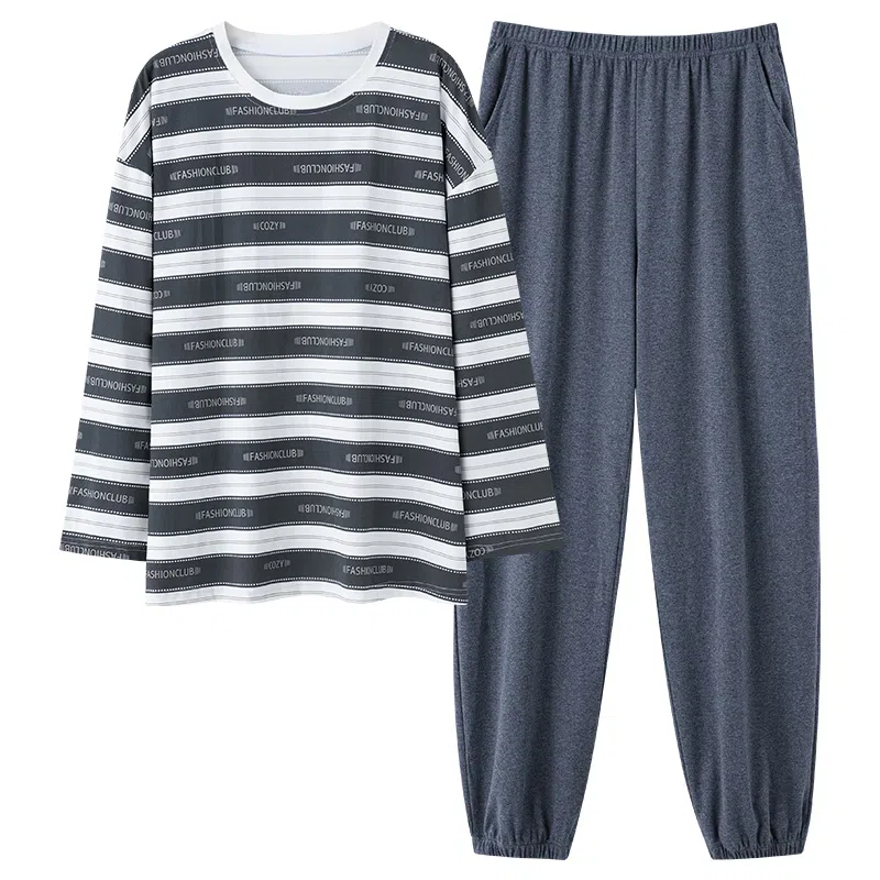 俏霓桐 时尚条纹柔软舒适长袖圆领透气休闲长裤睡衣套装 女款 图色