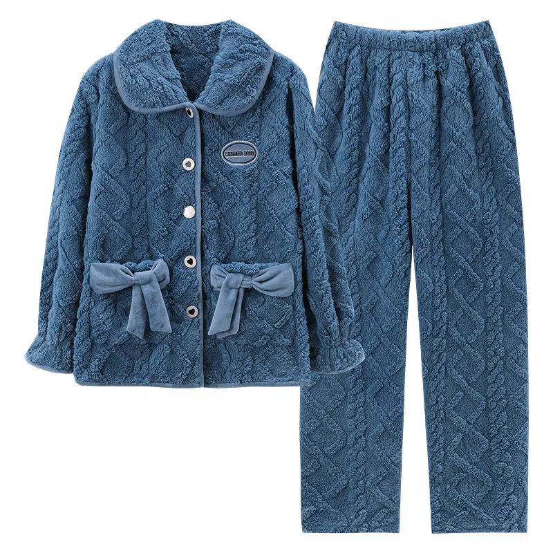 莫代尔 气质轻熟风舒适透气不臃肿显瘦亲肤细腻长袖长裤不勒腹时尚可外穿加厚保暖蓄热睡衣套装 女款 藏青色