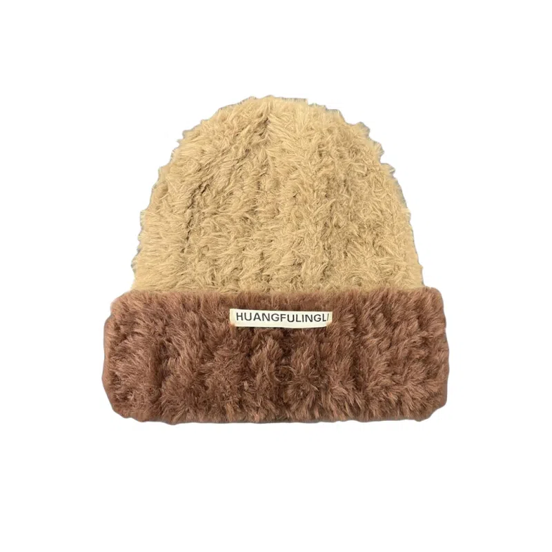 北极绒 韩国撞色冬季保暖大头围护耳显脸小毛茸茸 聚酯纤维 绒线帽 女款
