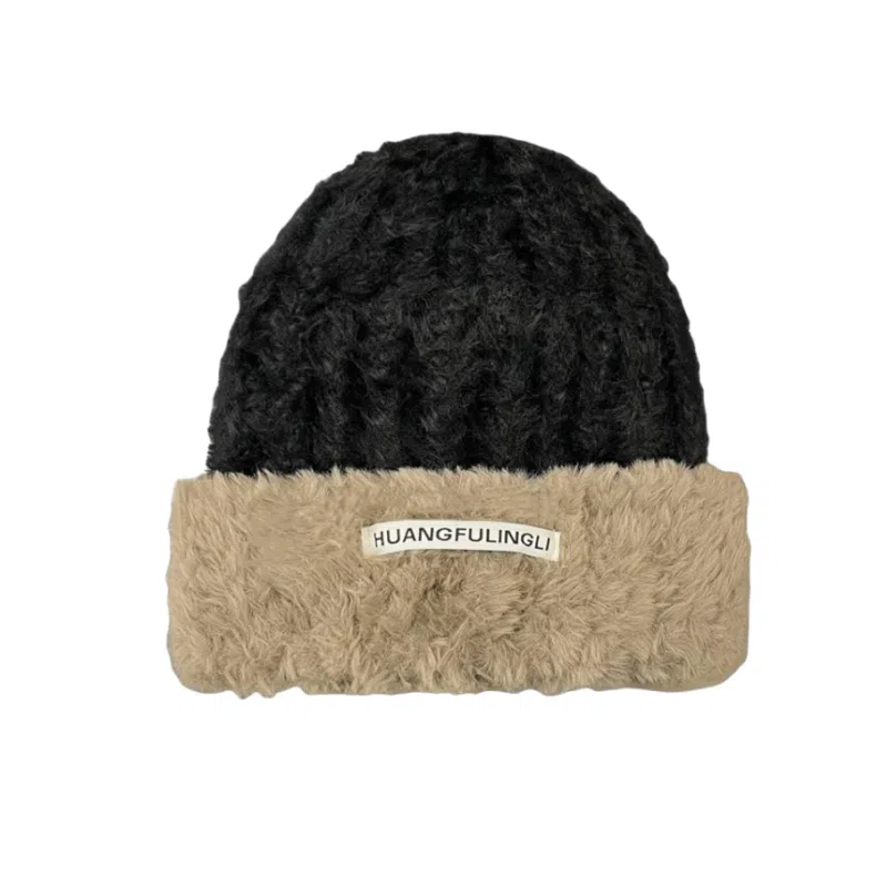 北极绒 韩国撞色冬季保暖大头围护耳显脸小毛茸茸 聚酯纤维 绒线帽 女款