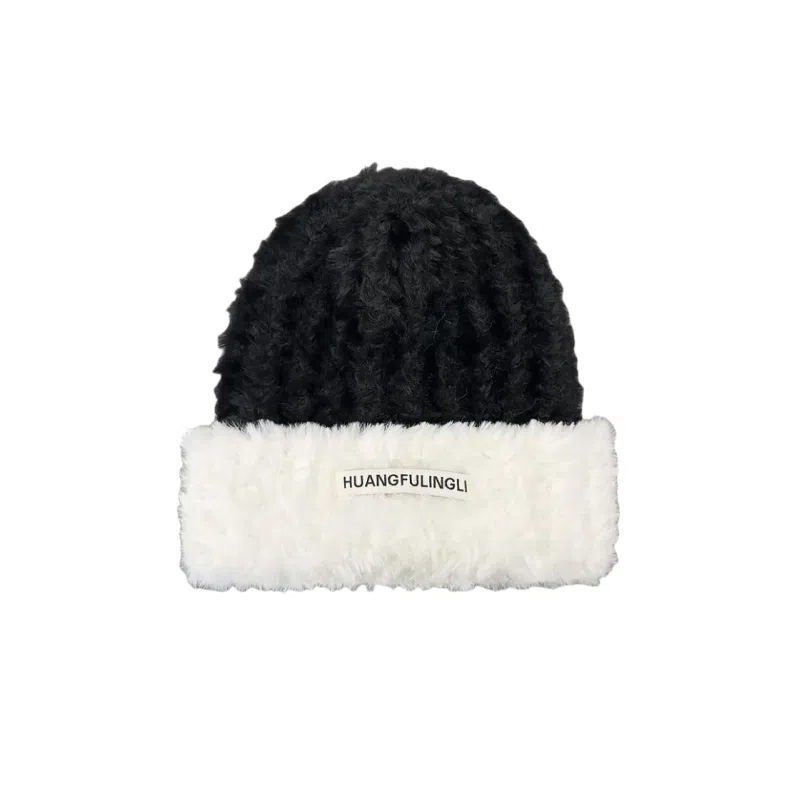 北极绒 韩国撞色冬季保暖大头围护耳显脸小毛茸茸 聚酯纤维 绒线帽 女款