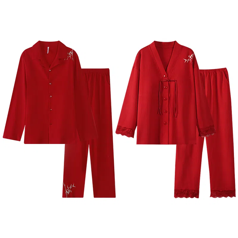 兰缪 长袖结婚新婚喜庆本命年长裤睡衣套装 女款 红色