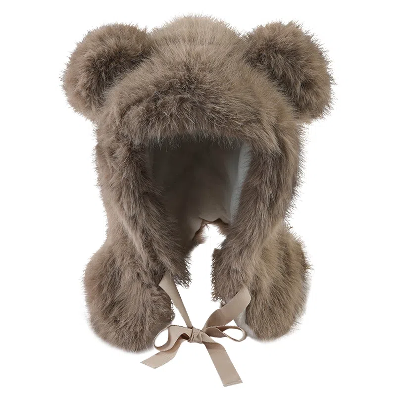 浪莎 冬天防寒保暖甜美可爱防寒护耳保暖小熊耳朵围脖一体 聚酯纤维 帽子 女款