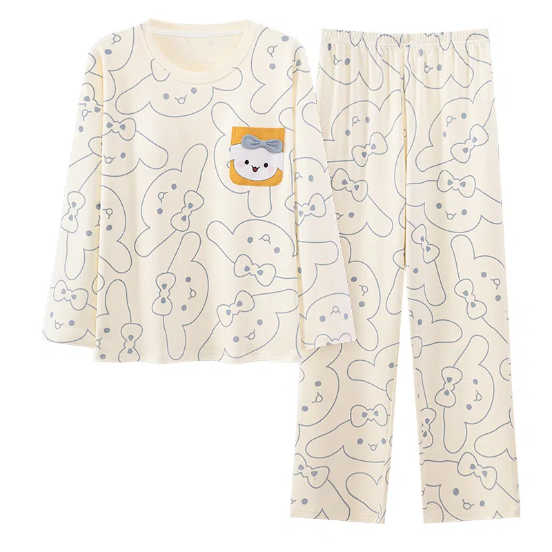 莫代尔 舒适亲肤带胸垫防凸点套头圆领长袖长裤卡通满印甜美可外穿睡衣套装 女款 杏色