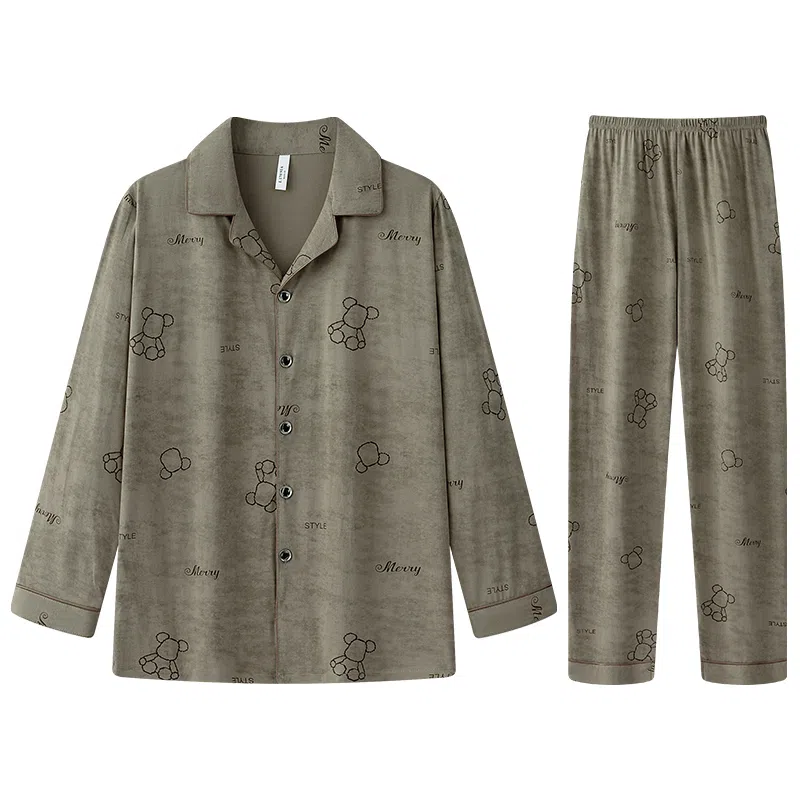 兰缪 翻领舒适长袖上衣家居服休闲长裤睡衣套装 男款 图色