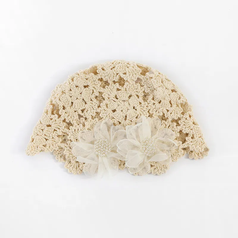 浪莎 跨境甜美花朵镂空包头帽女春秋手工编织钩花头巾帽度假复古针织帽 棉 帽子 女款