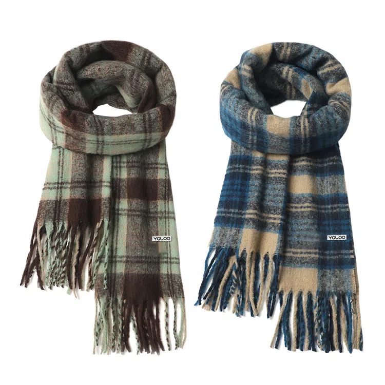 雅鹿 复古氛围感格纹  拉面马海毛加大加厚披肩 聚酯纤维 绒线围巾 男女同款情侣款 礼盒装