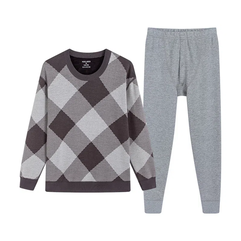 贴身领域 加绒加厚圆领内衣时尚可外穿秋衣秋裤青年保暖套装 男款