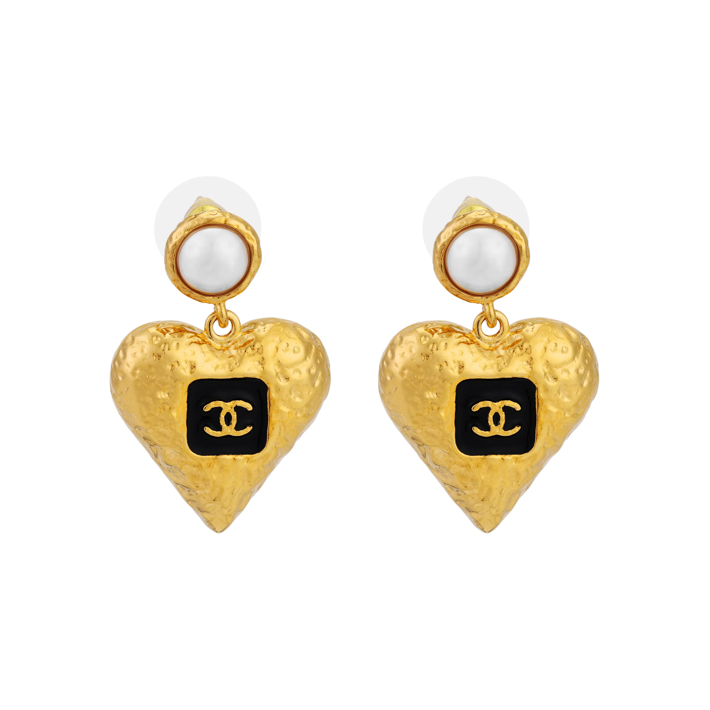 CHANEL Heart Pendant Pearl Earrings Gold