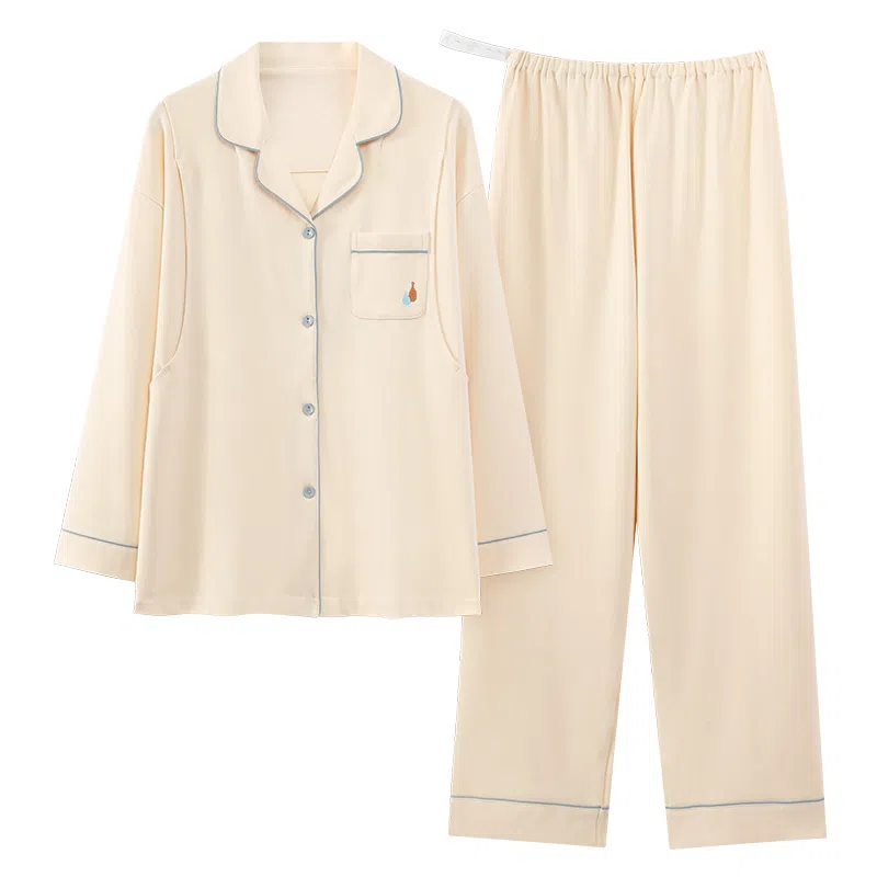 莫代尔 纯色孕期舒适透气显瘦翻领长袖上衣可外穿月子家居服长裤睡衣套装 女款 杏色