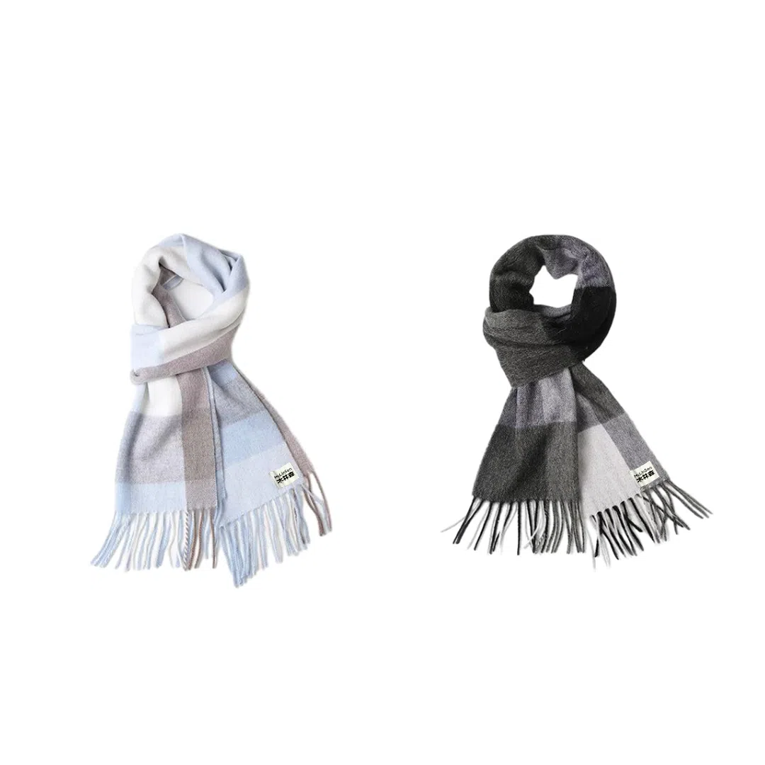 木林森 纯羊毛格子小清新流苏绒线围巾秋冬加厚保暖  围巾 男女同款情侣款