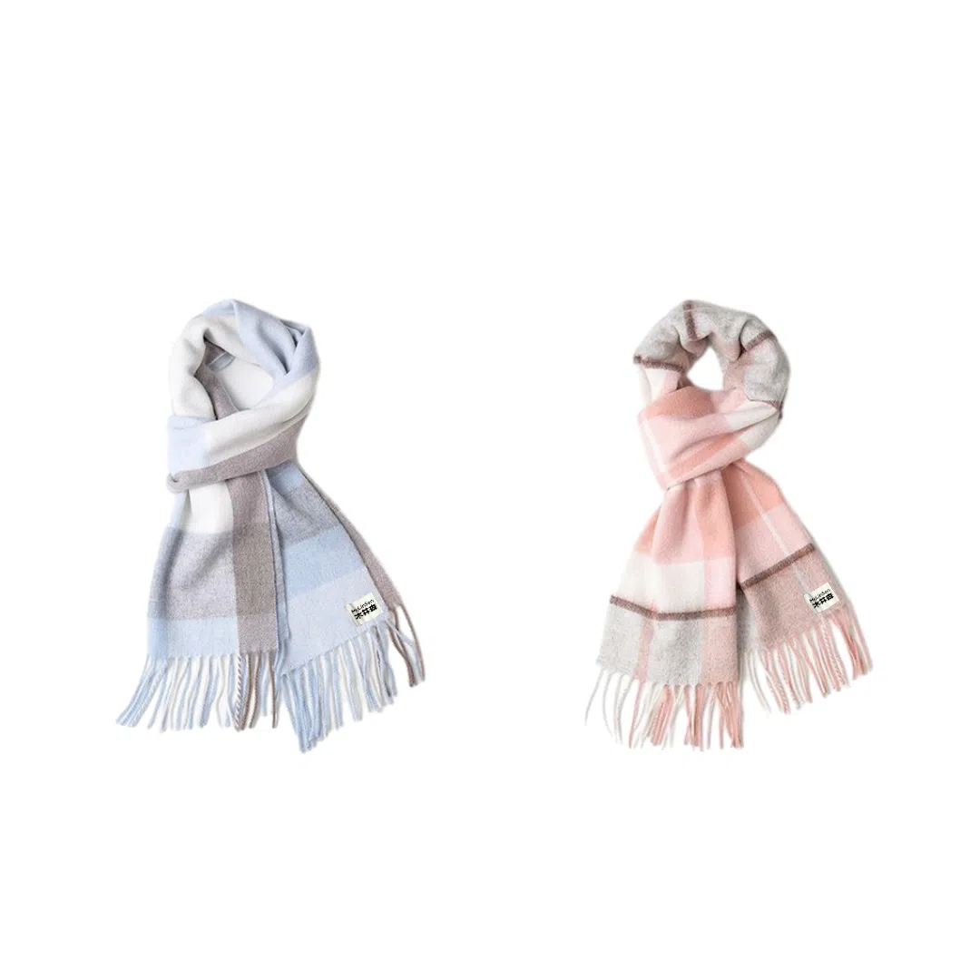 木林森 纯羊毛格子小清新流苏绒线围巾秋冬加厚保暖  围巾 男女同款情侣款