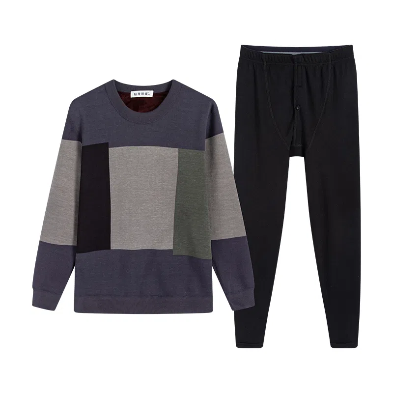 贴身领域 圆领加厚加绒青年可外穿秋衣秋裤保暖套装 男款